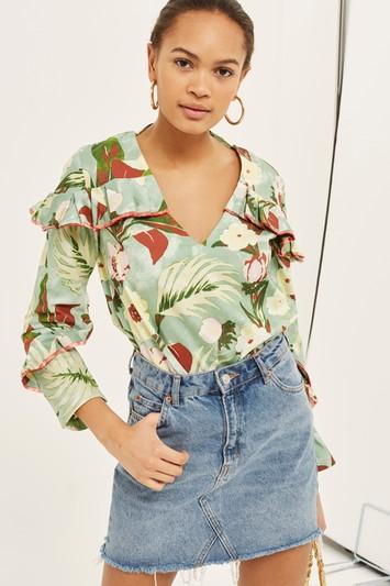Topshop Washed Floral Print Frill Detail Blouse