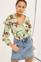 Topshop Washed Floral Print Frill Detail Blouse