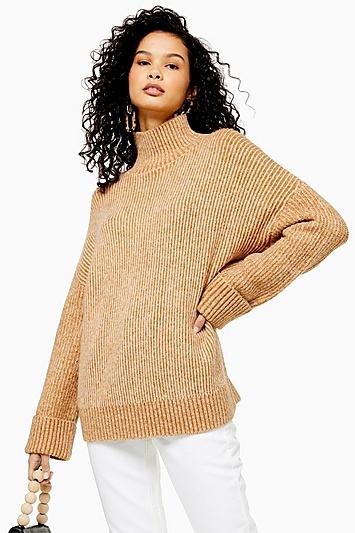 Topshop Camel Knitted Super Soft Funnel Neck Jumper