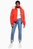 Topshop Red Faux Fur Lined Quilted Puffer Jacket
