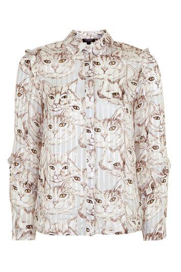 Topshop Cat Print Ruffle Shirt