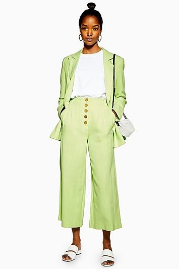 Topshop Apple Green Wide Leg Cropped Trousers With Linen