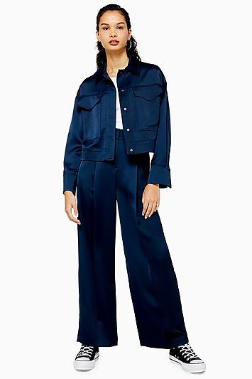 Topshop Navy Satin Wide Leg Trousers