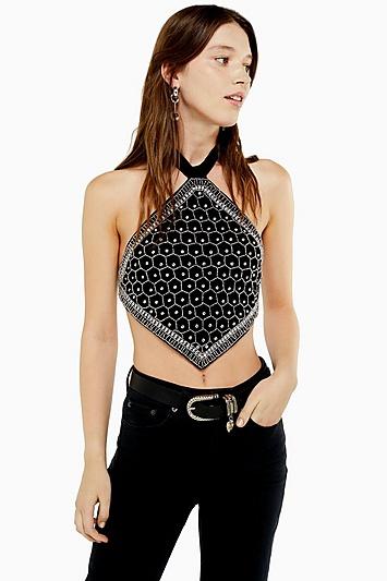 Topshop Velvet Embellished Halter Neck Top