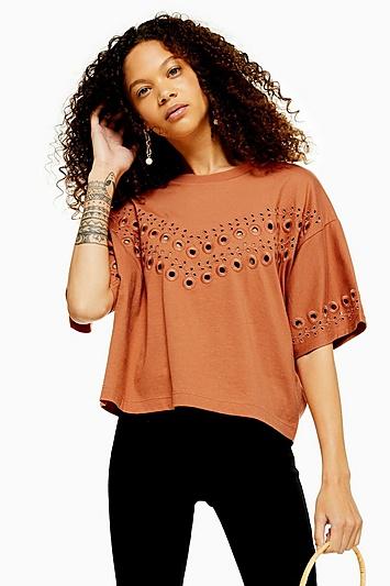 Topshop Petite Tan Broderie Boxy T-shirt