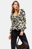 Topshop Yellow Daisy Lace Up Prairie Blouse