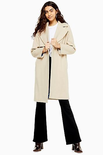 Topshop Stone Double Breasted Coat With Wool