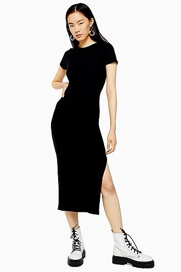 Topshop Black Belted Ribbed Column Dress
