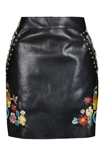 Topshop *floral Embroidered Leather Skirt By Glamorous