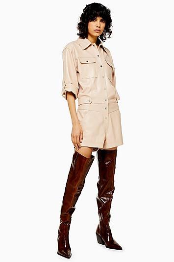 Topshop Nude Leather Popper Playsuit