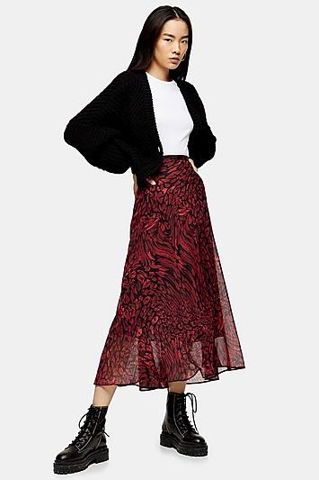 Topshop Red Warped Leopard Midi Skirt