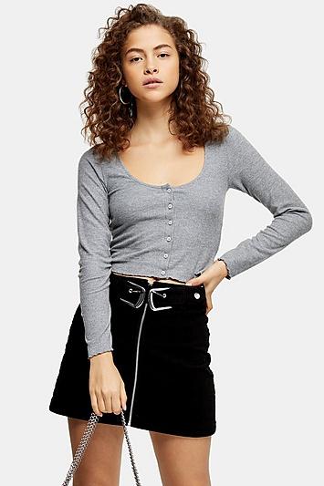 Topshop Petite Grey Long Sleeve Button Top