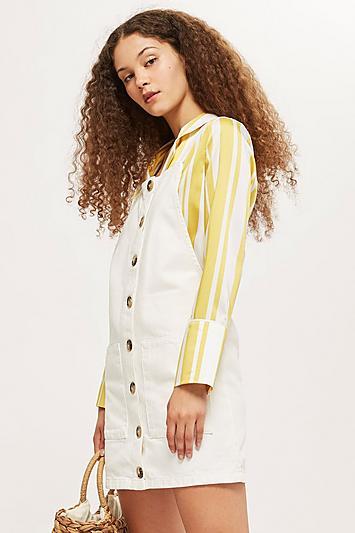 Topshop Petite White Denim Horn Button Pinafore Dress