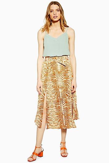 Topshop Tall Zebra Belted Pleated Midi Skirt