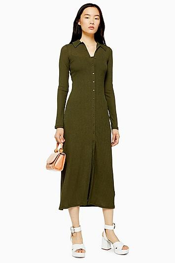 Topshop Khaki Ribbed Cardigan Midi Dress