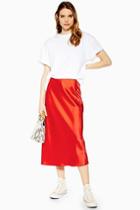 Topshop Red Satin Bias Midi Skirt