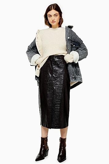 Topshop Burgundy Vinyl Crocodile Print Midi Skirt