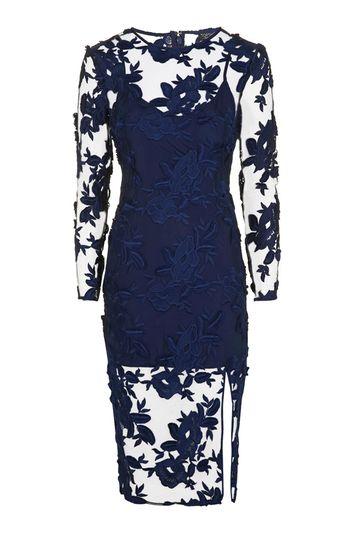 Topshop Long Sleeve Applique Midi Dress
