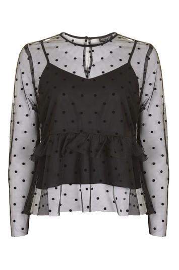 Topshop Dobby Spot Mesh Frill Blouse