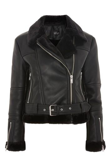 Topshop Faux Shearling Cropped Biker Jacket