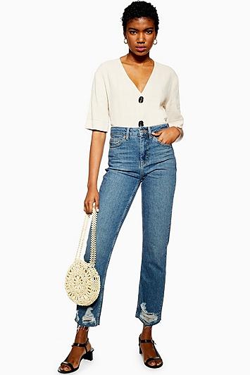 Topshop Mid Blue Laddered Hem Straight Jeans