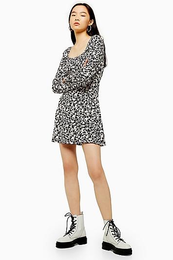 Topshop Floral Print Blouson Prairie Mini Dress