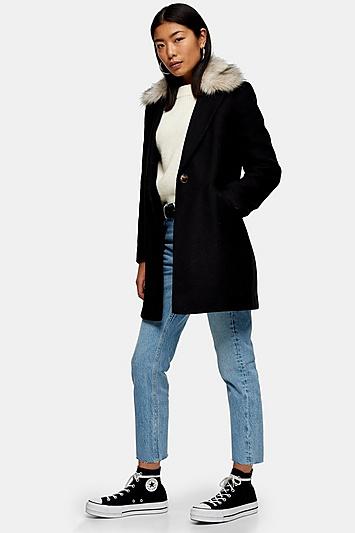 Topshop Black Faux Fur Collar Coat