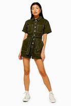 Topshop Khaki Button Down Denim Playsuit