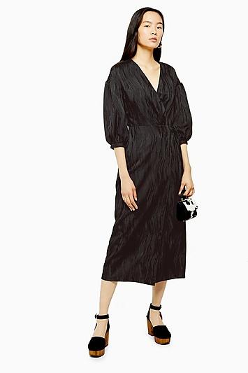 Topshop Black Printed Oversized Sleeve Wrap Midi Dress