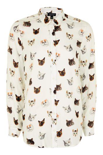 Topshop Long Sleeve Multi Cat Print Shirt