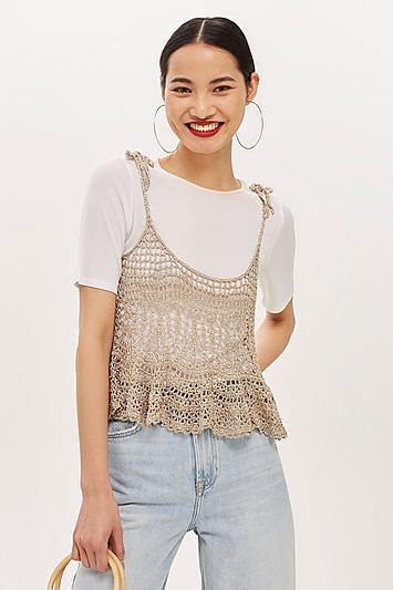 Topshop Petite Metallic Crochet Swing Top