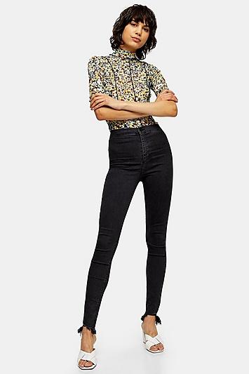 Topshop Tall Washed Black Jagged Hem Joni Jeans