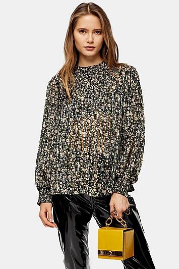 Topshop Metallic Shirred Smock Blouse