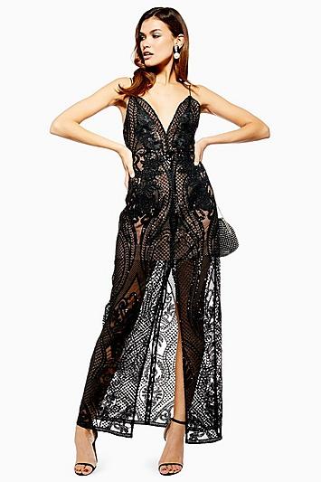 Topshop Black Embellished Plunge Sheer Maxi Dress