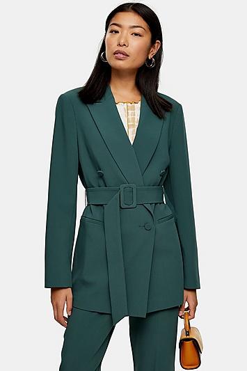 Topshop Green Belted Double Breasted Blazer