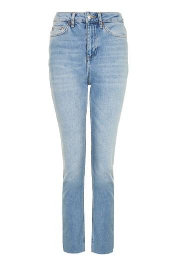Topshop Moto Blue Raw Hem Straight Leg Jeans