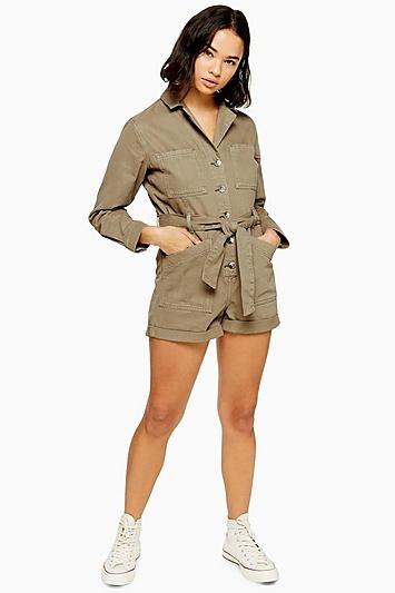 Topshop Petite Khaki Long Sleeve Denim Playsuit