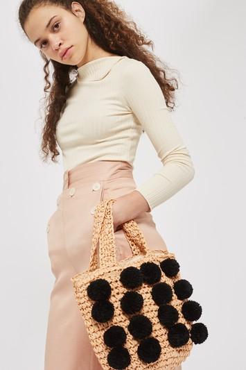 Topshop Pom Pom Straw Tote Bag