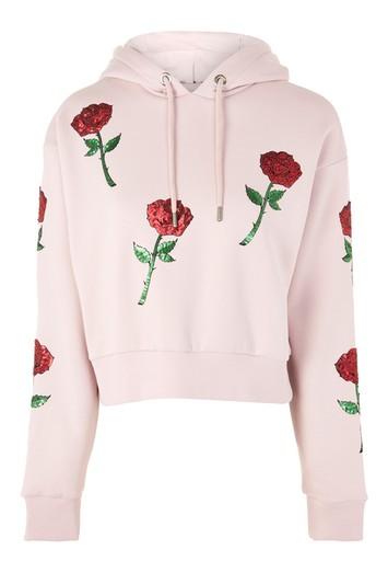 Topshop Sequin Rose Applique Hoodie
