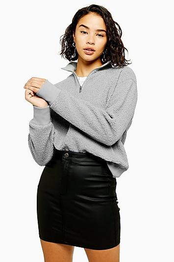 Topshop Petite Grey Textured Zip Up Funnel Neck Sweatshirt
