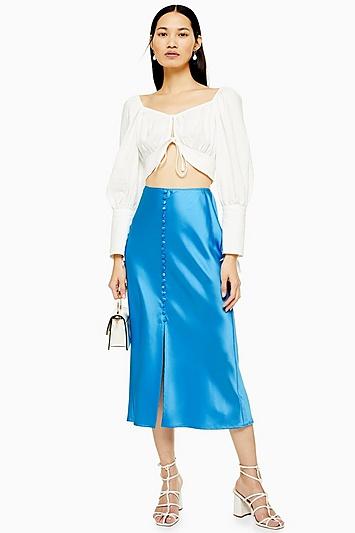 Topshop Blue Button Through Satin Bias Skirt