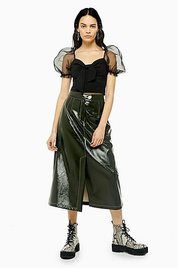 Topshop Dark Green A-line Vinyl Midi Skirt