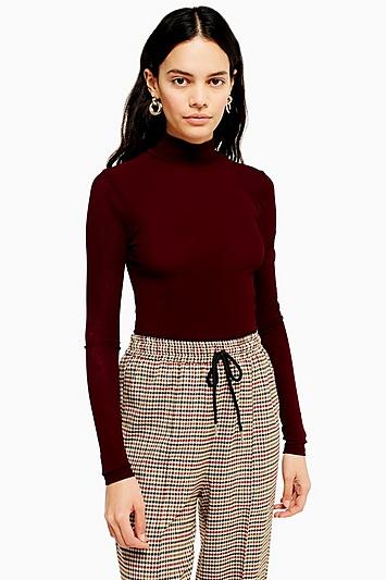 Topshop Burgundy Long Sleeve Funnel Top
