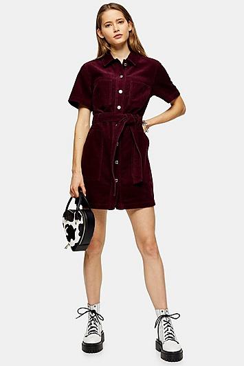 Topshop Berry Corduroy Short Sleeve Shirt Dress