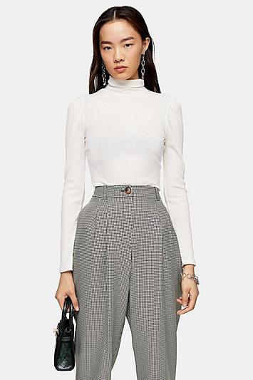 Topshop Cream Long Sleeve Puff Funnel Neck Top