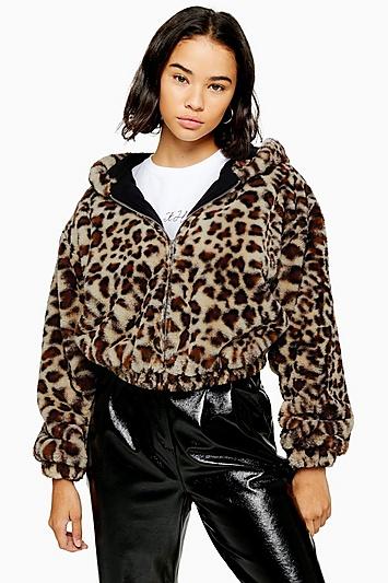 Topshop Petite Leopard Print Faux Fur Hoodie