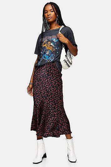 Topshop Tall Black Ditsy Floral Flounce Midi Skirt