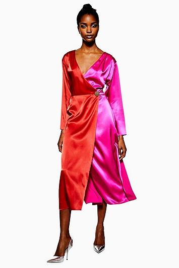 Topshop Colour Block Satin Wrap Midi Dress