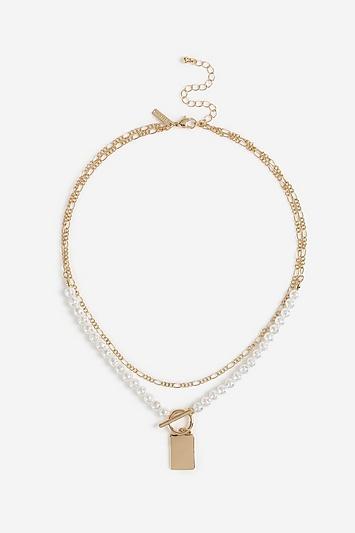 Topshop *gold And Pearl T Bar Multi Row Necklace