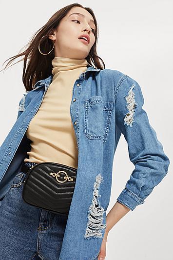 Topshop Rip Detail Oversized Denim Shirt
